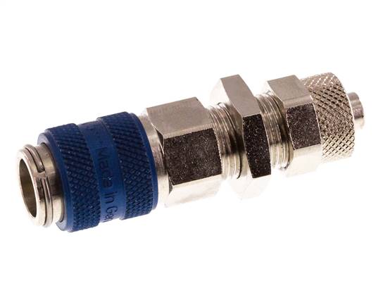 Messing vernickelt DN 5 Blau Luftkupplungsmuffe 6x8 mm Überwurfmutter Bulkhead Doppelabsperrung