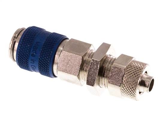 Messing vernickelt DN 5 Blau Luftkupplungsmuffe 6x8 mm Überwurfmutter Bulkhead Doppelabsperrung