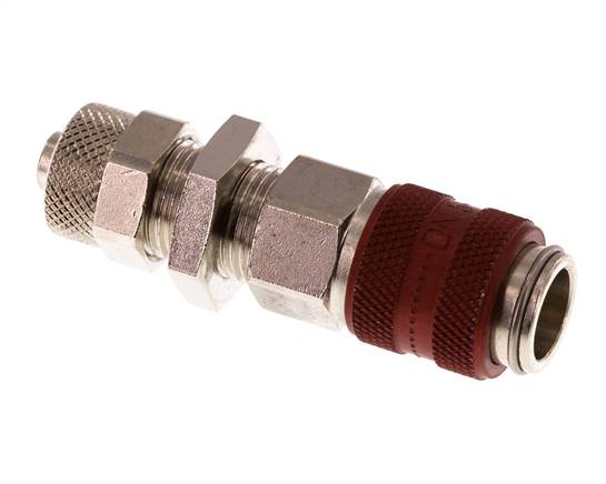 Messing vernickelt DN 5 Rot Luftkupplungsmuffe 6x8 mm Überwurfmutter Bulkhead Doppelabsperrung