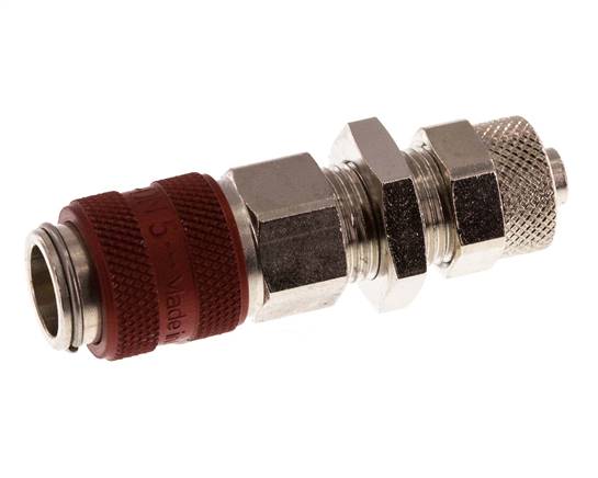 Messing vernickelt DN 5 Rot Luftkupplungsmuffe 6x8 mm Überwurfmutter Bulkhead Doppelabsperrung