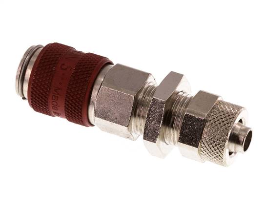 Messing vernickelt DN 5 Rot Luftkupplungsmuffe 6x8 mm Überwurfmutter Bulkhead Doppelabsperrung
