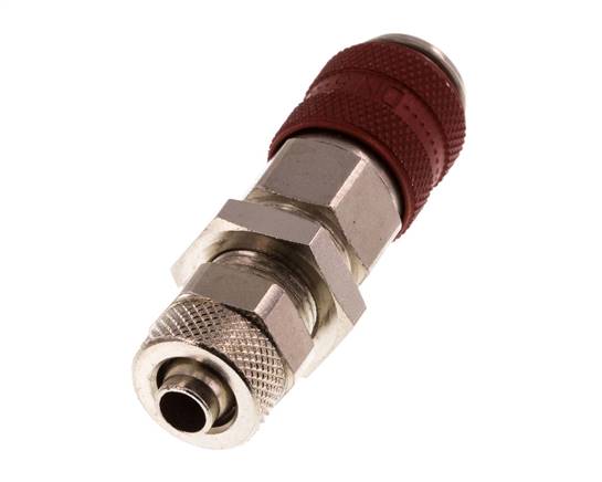 Messing vernickelt DN 5 Rot Luftkupplungsmuffe 6x8 mm Überwurfmutter Bulkhead Doppelabsperrung