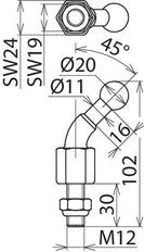 Dehn Fixkugelspitze D20mm gewinkelt 45 mit Gewindebolzen M12x30mm - 706239