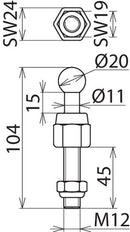 Feste Kugelspitze D 20mm mit Gewindestift und Mutter M12x45mm - 754238