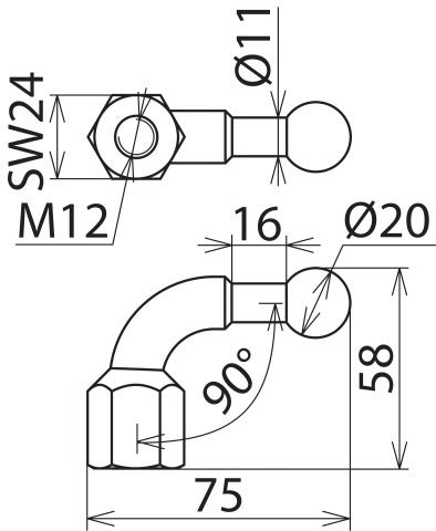 Feste Kugelspitze gewinkelt 20mm mit M12 Innengewinde - 707200
