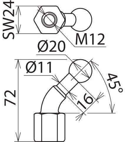 M12 Threaded Fixed Ball Point D 20mm Angled 45 Degrees - 706200