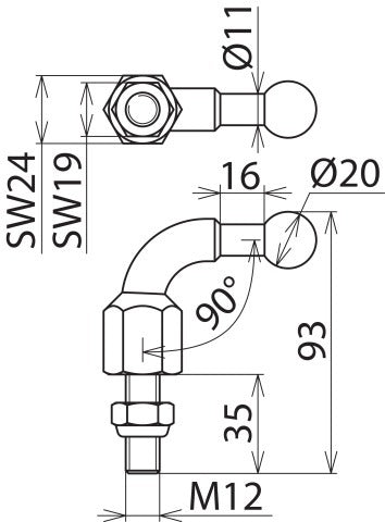 Dehn Fixkugelspitze D 20mm gewinkelt mit Gewindestift M12x35m - 707235