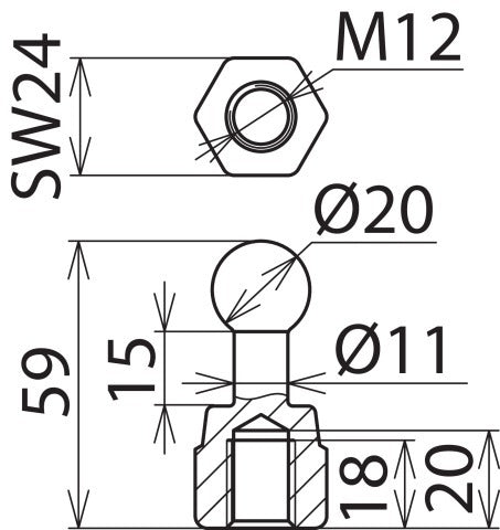 M12 Festkugelspitze D 20mm gerades Innengewinde - 754200