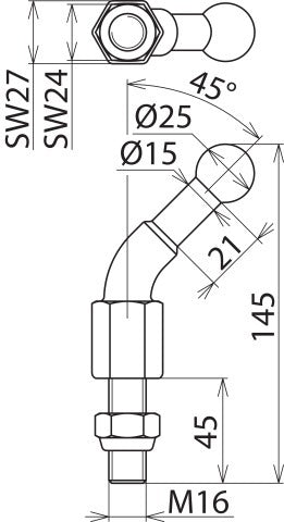 Fixed Ball Point D=25mm Angled 45 degrees With Threaded Bolt M16x4 - 756645