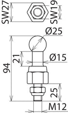 Dehn Feste Kugelspitze mit Gewindebolzen und Mutter M12x25mm - 755225
