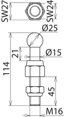 Fixed Ball Point Straight M16x45mm Threaded Bolt and Nut 25mm - 755645