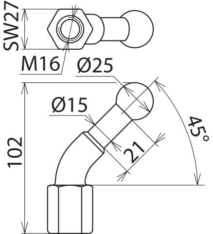 Feste Kugelspitze D25mm abgewinkelt 45 Grad mit M16 Innengewinde - 756600
