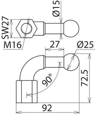 Dehn Feste Kugelspitze D25mm gewinkelt 90 Grad mit M16 Innengewinde - 757600