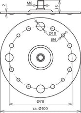 Dehn-Befestigungsplatte D 100mm mit M8-Gewindebolzen und 4 Bohrungen - 297015