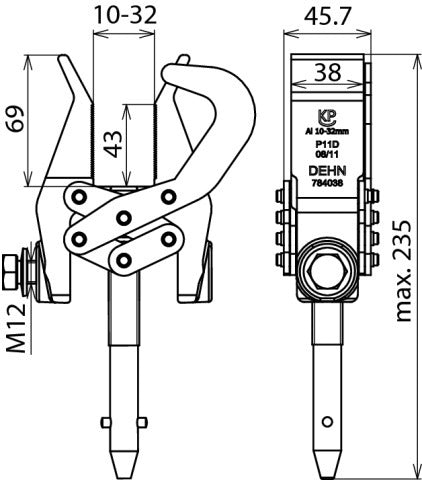 Dehn-Phasenschraubzwinge 10-32mm mit Sicherungsbügel und T-Stift - 784038