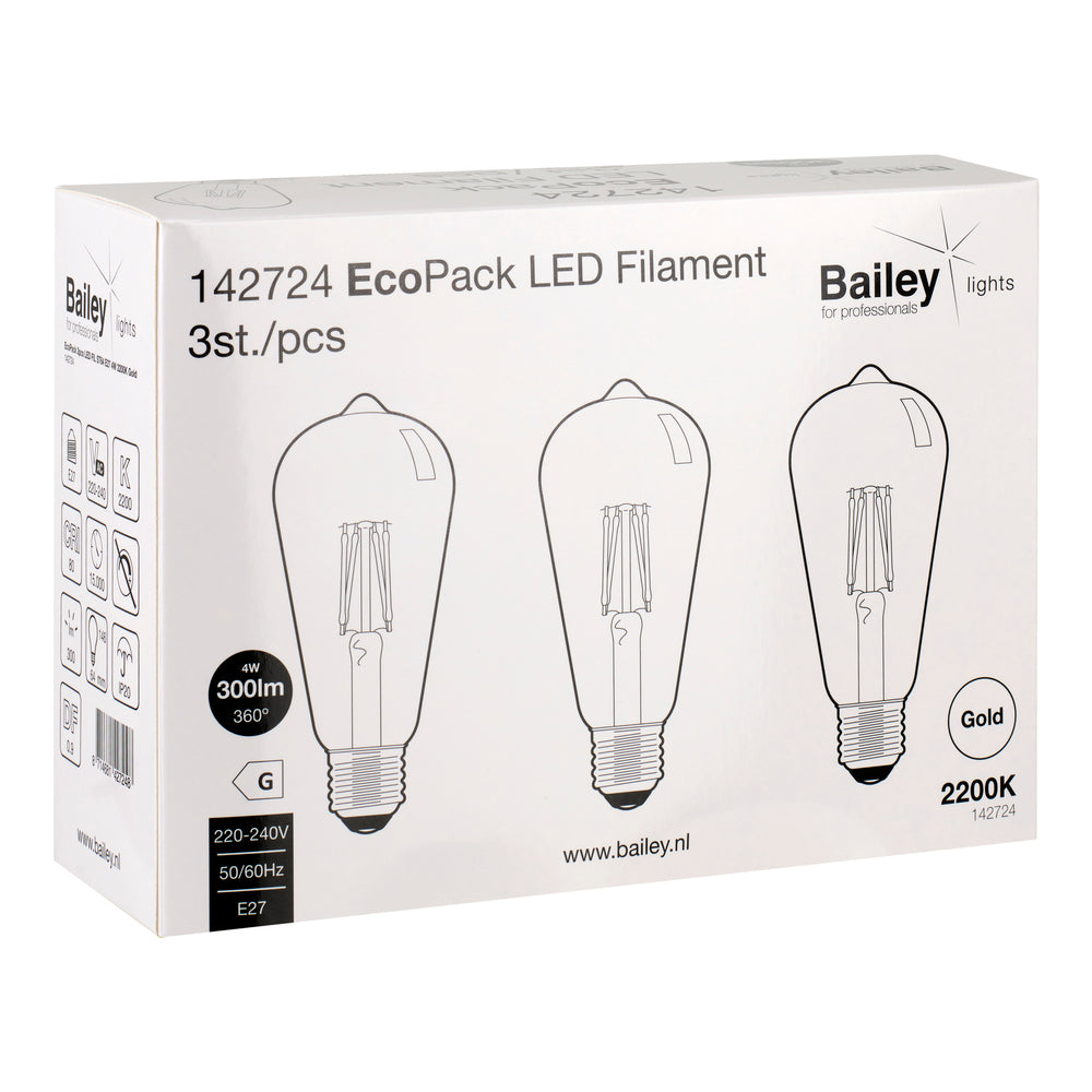 Bailey EcoPack 3x LED Filament ST64 E27 4W Gold 2200K - 142724 [3 Pieces]