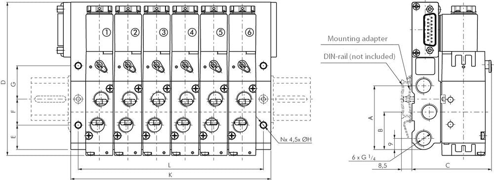 G1/4'' 4x Pneumatik-Ventilinsel 24V DC 1,5-8bar/21,0-112psi Mehrpolig E.MC