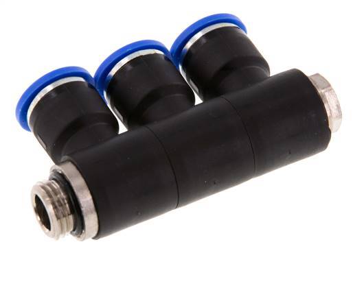 10mm x G1/4'' 3-way Manifold Push-in Fitting with Male Threads Brass/PA 66 NBR Rotatable