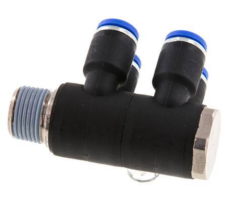 8mm x R3/8'' 4-Wege-Verteiler-Steckverschraubung mit Außengewinde Messing/PA 66 NBR drehbar