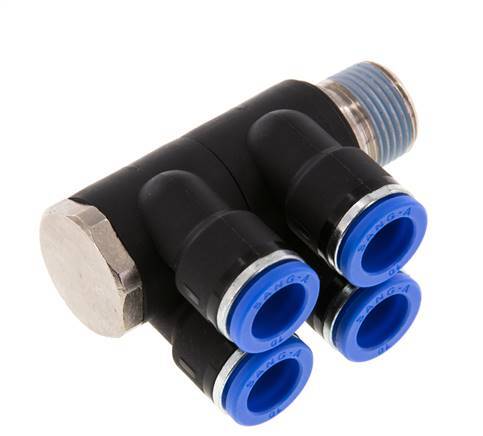 10mm x R3/8'' 4-Wege-Verteiler-Steckverschraubung mit Außengewinde Messing/PA 66 NBR drehbar