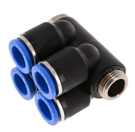 12mm x G3/8'' 4-Wege-Verteiler-Steckverschraubung mit Außengewinde Messing/PA 66 NBR drehbar