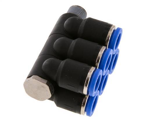 8mm x R1/8'' 6-Wege-Ventil-Steckverschraubung mit Außengewinde Messing/PA 66 NBR drehbar