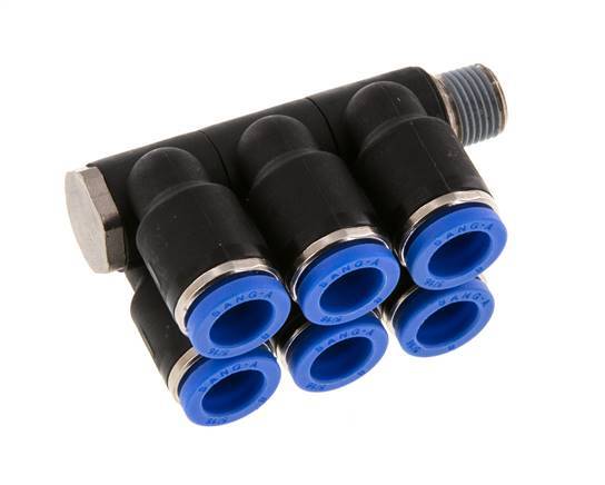 8mm x R1/8'' 6-Wege-Ventil-Steckverschraubung mit Außengewinde Messing/PA 66 NBR drehbar