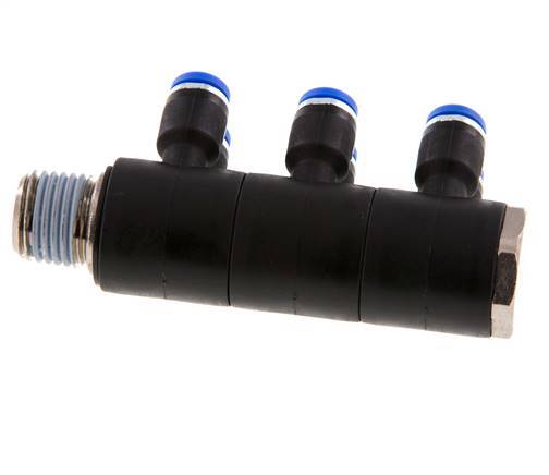 4mm x R1/4'' 6-Wege-Verteiler-Steckverschraubung mit Außengewinde Messing/PA 66 NBR drehbar