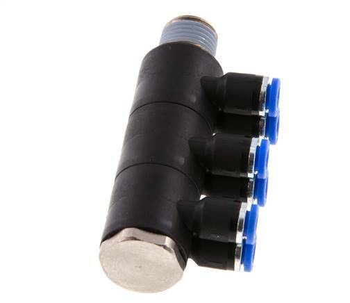 4mm x R1/4'' 6-Wege-Verteiler-Steckverschraubung mit Außengewinde Messing/PA 66 NBR drehbar