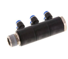 4mm x R3/8'' 6-way Manifold Push-in Fitting with Male Threads Brass/PA 66 NBR Rotatable