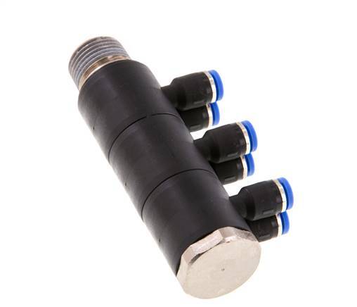4mm x R3/8'' 6-Wege-Verteiler-Steckverschraubung mit Außengewinde Messing/PA 66 NBR drehbar