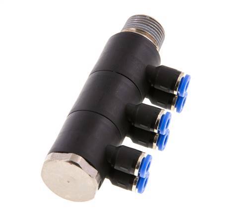 4mm x R3/8'' 6-Wege-Verteiler-Steckverschraubung mit Außengewinde Messing/PA 66 NBR drehbar