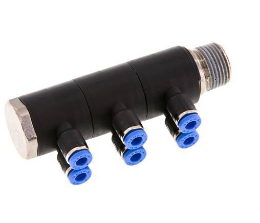 4mm x R3/8'' 6-Wege-Verteiler-Steckverschraubung mit Außengewinde Messing/PA 66 NBR drehbar