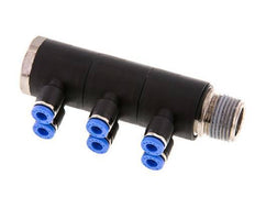 4mm x R3/8'' 6-Wege-Verteiler-Steckverschraubung mit Außengewinde Messing/PA 66 NBR drehbar