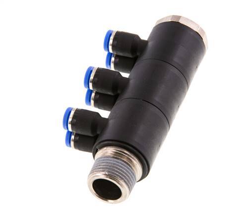 4mm x R3/8'' 6-Wege-Verteiler-Steckverschraubung mit Außengewinde Messing/PA 66 NBR drehbar
