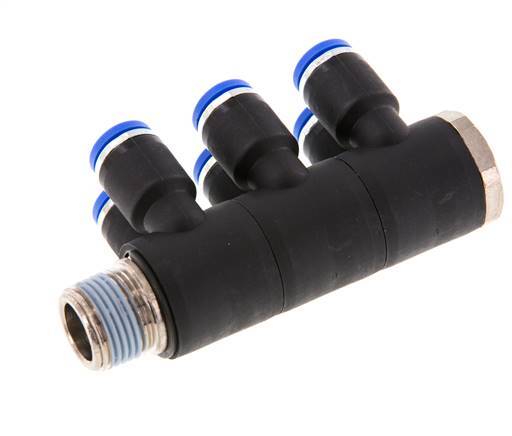 8mm x R3/8'' 6-way Manifold Push-in Fitting with Male Threads Brass/PA 66 NBR Rotatable
