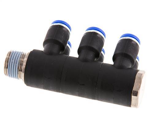 8mm x R3/8'' 6-way Manifold Push-in Fitting with Male Threads Brass/PA 66 NBR Rotatable