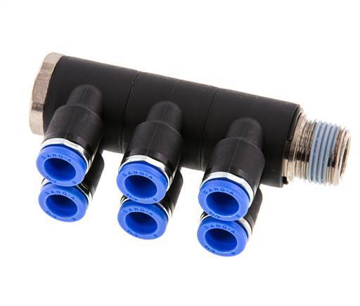 8mm x R3/8'' 6-way Manifold Push-in Fitting with Male Threads Brass/PA 66 NBR Rotatable