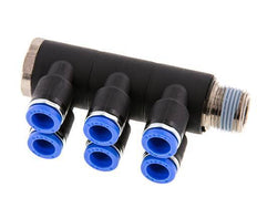 8mm x R3/8'' 6-way Manifold Push-in Fitting with Male Threads Brass/PA 66 NBR Rotatable