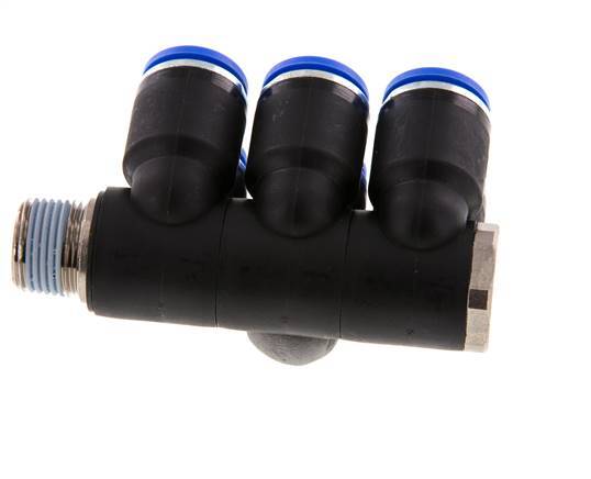 12mm x R3/8'' 6-way Manifold Push-in Fitting with Male Threads Brass/PA 66 NBR Rotatable