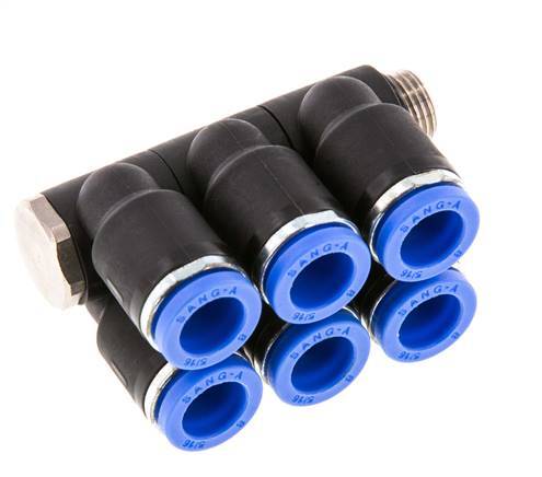 8mm x G1/8'' 6-Wege-Ventil-Steckverschraubung mit Außengewinde Messing/PA 66 NBR drehbar