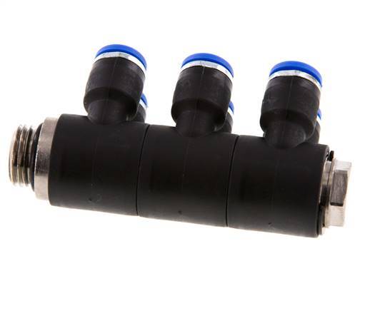 6mm x G1/4'' 6-Wege-Verteiler-Steckverschraubung mit Außengewinde Messing/PA 66 NBR drehbar