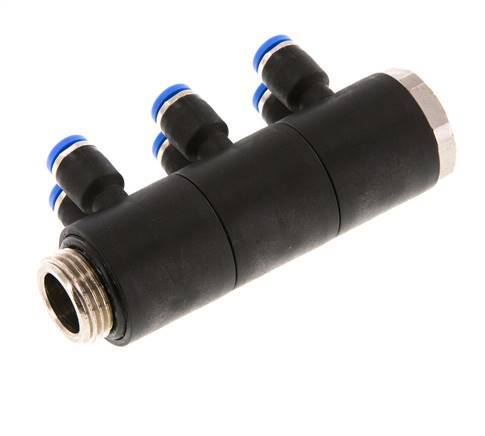 4mm x G3/8'' 6-Wege-Ventil-Steckverschraubung mit Außengewinde Messing/PA 66 NBR drehbar