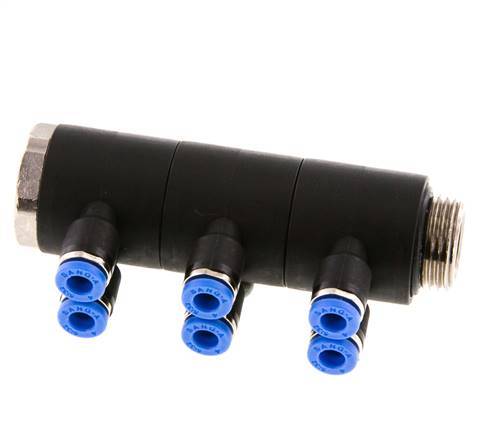 4mm x G3/8'' 6-Wege-Ventil-Steckverschraubung mit Außengewinde Messing/PA 66 NBR drehbar