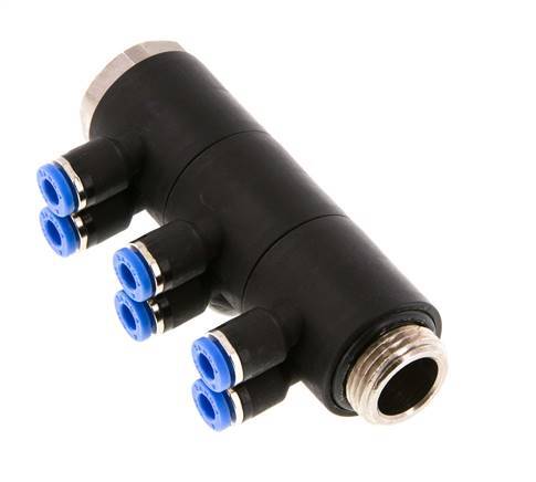 4mm x G3/8'' 6-Wege-Ventil-Steckverschraubung mit Außengewinde Messing/PA 66 NBR drehbar