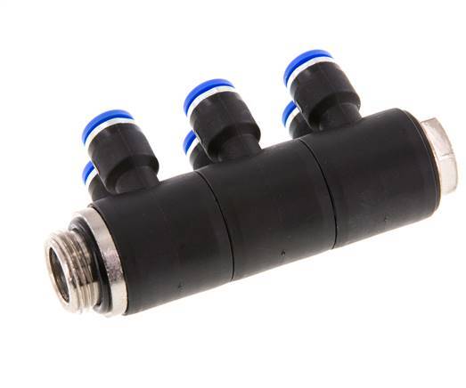 6mm x G3/8'' 6-way Manifold Push-in Fitting with Male Threads Brass/PA 66 NBR Rotatable