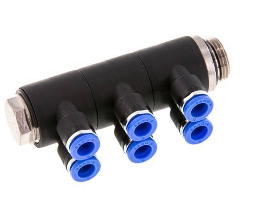 6mm x G3/8'' 6-Wege-Ventil-Steckverschraubung mit Außengewinde Messing/PA 66 NBR drehbar