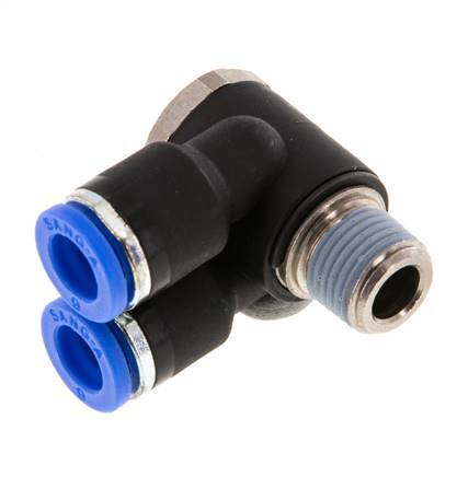 6mm x R1/8'' Doppeltes 90-Grad-Winkel-Steckfitting mit Außengewinde Messing/PA 66 NBR drehbar [2 Stück]