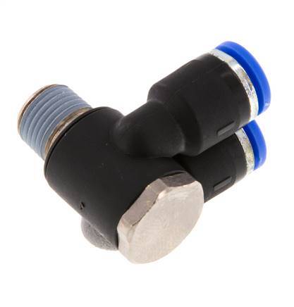 6mm x R1/8'' Doppeltes 90-Grad-Winkel-Steckfitting mit Außengewinde Messing/PA 66 NBR drehbar [2 Stück]