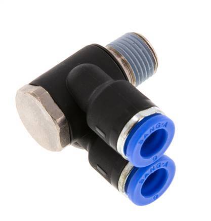 6mm x R1/8'' Doppeltes 90-Grad-Winkel-Steckfitting mit Außengewinde Messing/PA 66 NBR drehbar [2 Stück]